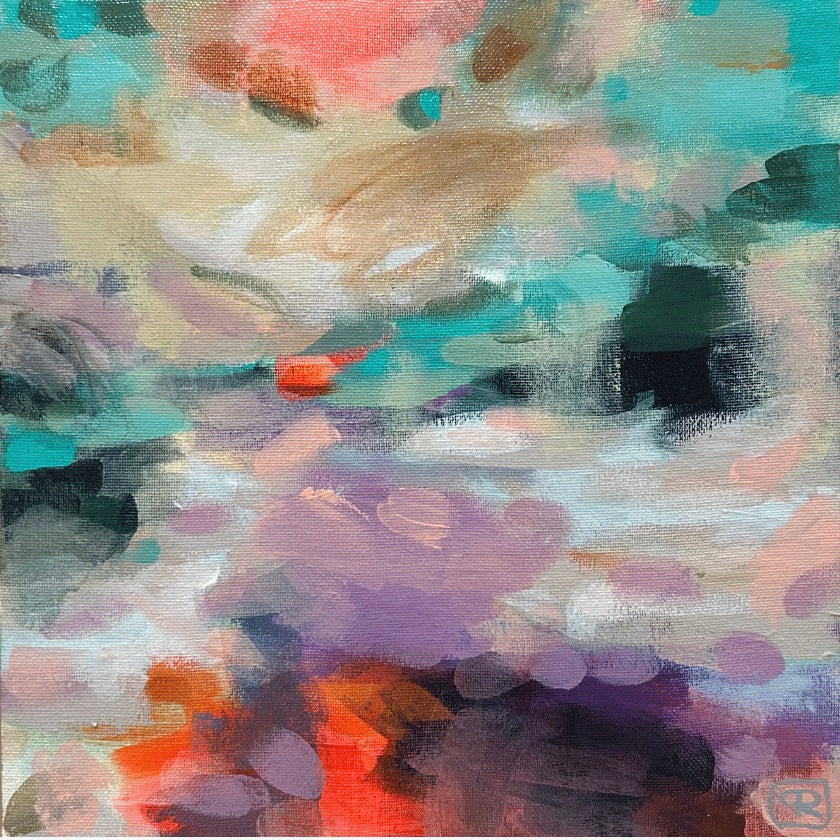 Abstract painting by Ruta Puidokaite with teal, coral, violet and warm tones exploring movement and energy.